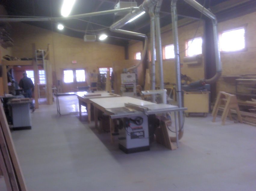 The mill shop where wood is stored and machined at the Great Lakes Boatbuilding School.