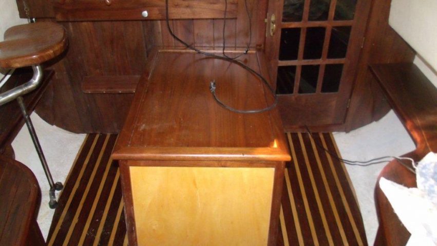 Interior view of the Norway boat, a restored 20' Norwegian sailboat built in 1956.