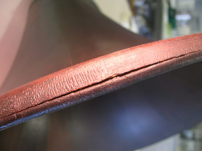 Crack in the edge of the wooden Edison Concert phonograph horn.