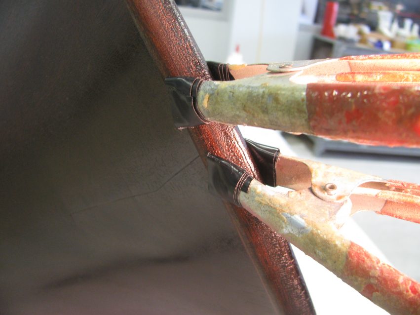 The horn of the Edison Concert phonograph, clamped while awaiting cure.