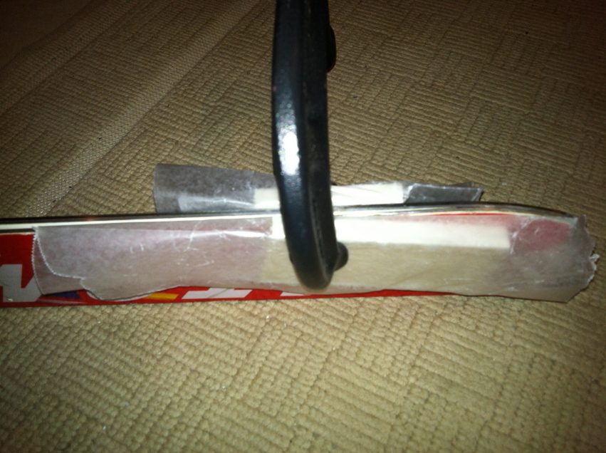 The ski repair, clamped and curing at 68°F