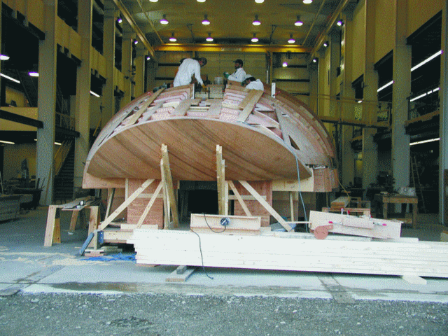Scheherazade aft view while under construction. The new Hodgdon Yacht facility has a 164' x 50' center bay, large enough to accommodate roll overs of large vessels with a 400-ton overhead crane. 100' x 20' wings on each side are three levels high.