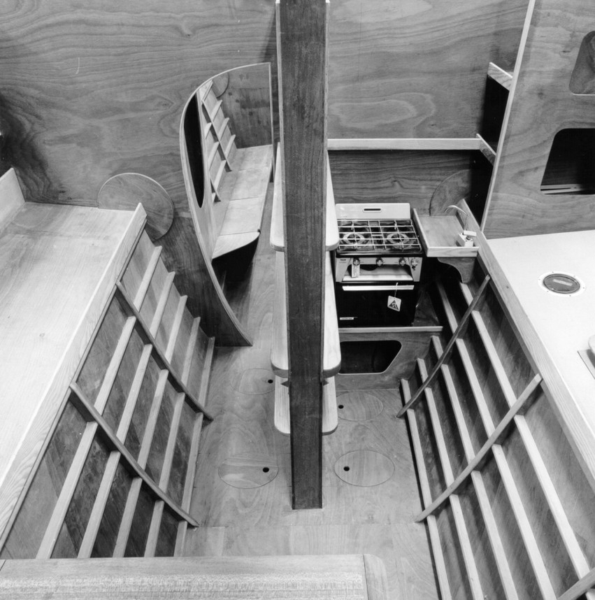 The interior of a trimaran shows varied uses of marine-grade plywood selected for their appropriate stiffness and finish.