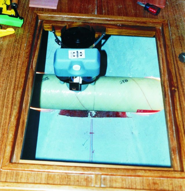 Interior view of the bow thruster positioned for proper motor clearance.