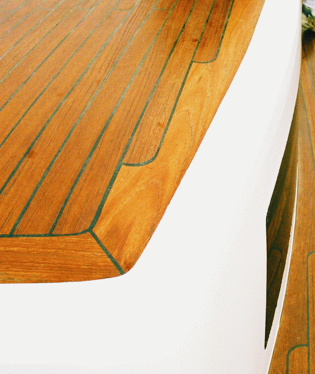 The intricate plank layout of the finished teak covered cockpit, before the hardware was reinstalled.