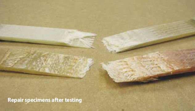 Epoxy vs. polyester: Epoxy repair specimens after testing. The breaking strength of a fiberglass laminate is higher with epoxy.