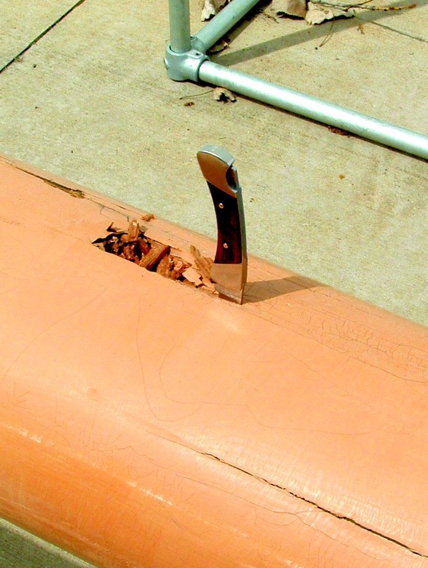 A pocket knife points to the signs of rotten wood in Appledore IV's fore topmast.