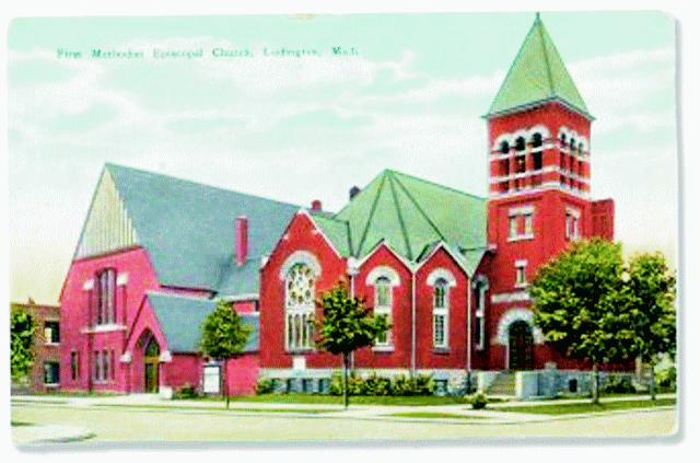Antique postcard image of the United Methodist Church in Ludington, Mich. after the window restoration project was completed.