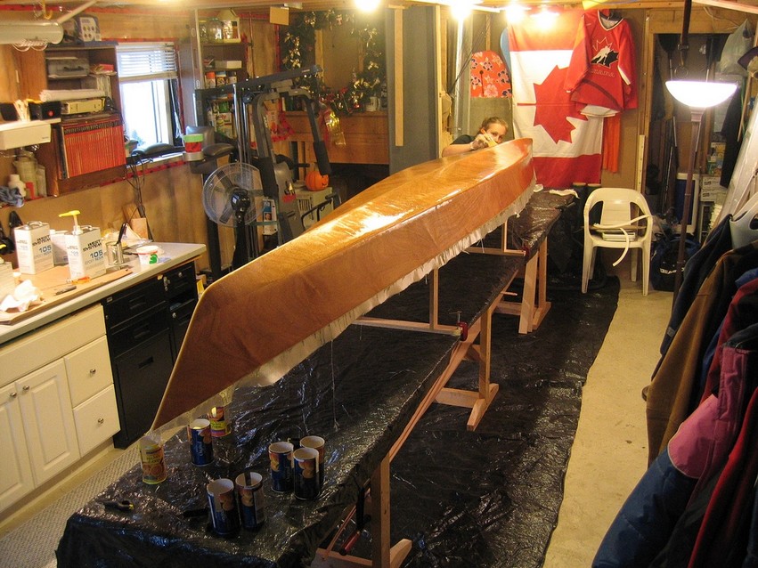 The Chesapeake 16 kayak gets its first coat of epoxy.