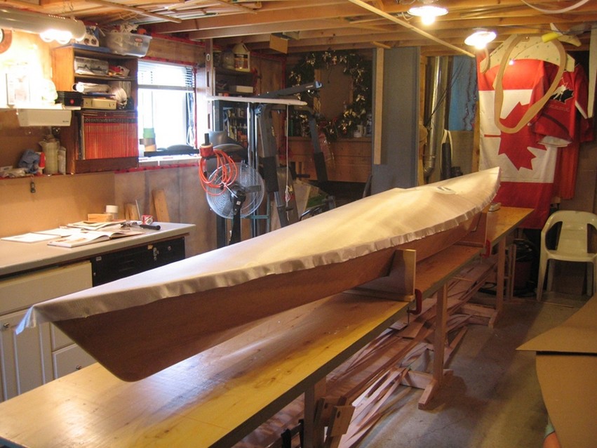 Fiberglassing the deck of the Chesapeake 16 kayak.