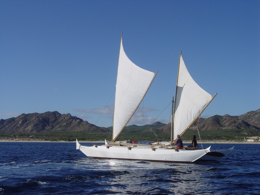 The Tama Moana, a Polynesian-style catamaran designed by James Wharram.