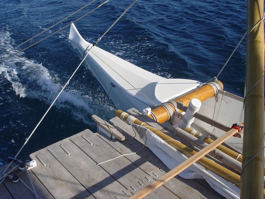 The bow of a James Wharram Polynesian-style catamaran, the Tama Moana.
