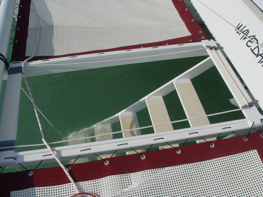 Detail of James Wharram's Polynesian-style catamaran.