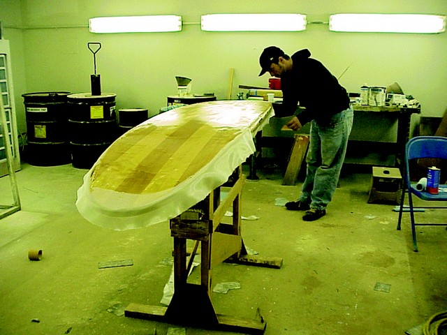 Bates Technical College instructor Chuck Graydon tells us the finest looking recently completed project using WEST SYSTEM epoxies must be the 9' hollow, strip-built surfboard that student James Hibray crafted. He did a first-class job on the glassing and finishing.