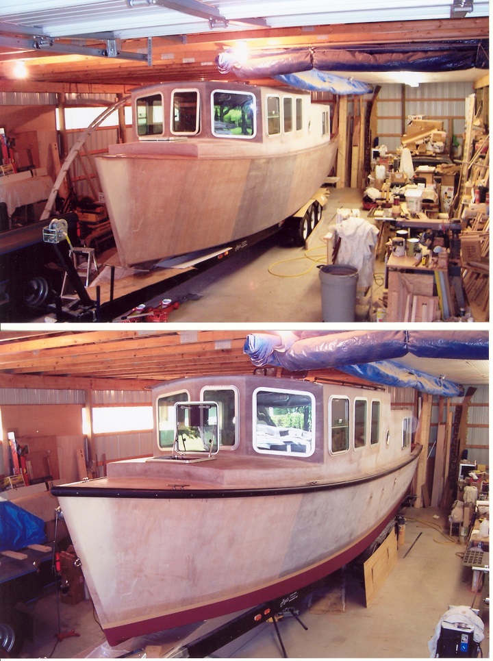 The deck of Fifty Plus is completed and the cabin sides take shape. The deck is two layers of ¼" plywood, the sides, one layer of ½ plywood. In 2003, the engine installation was also completed.