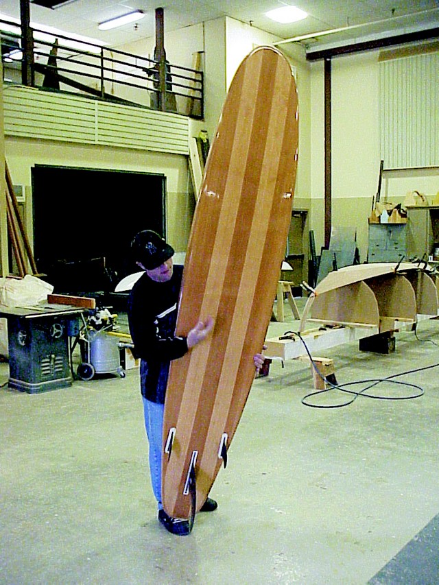 Instructor Chuck Graydon tells us the finest looking recently completed project using WEST SYSTEM Epoxy must be the 9' hollow, strip-built surfboard that student James Hilbray crafted. He did a first-class job on the glassing and finishing.