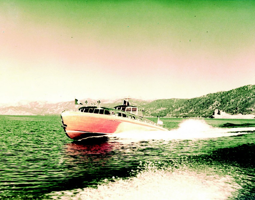 A faded photo of Thunderbird on Lake Tahoe, circa 1960. Outfitted originally with twin V-12, 550 hp Kermath engines, the vessel was capable of 60 knots. It was refurbished in 1962 when the flying bridge was added and the engines were replaced with two 1,100 hp V-12 Allison aircraft engines.