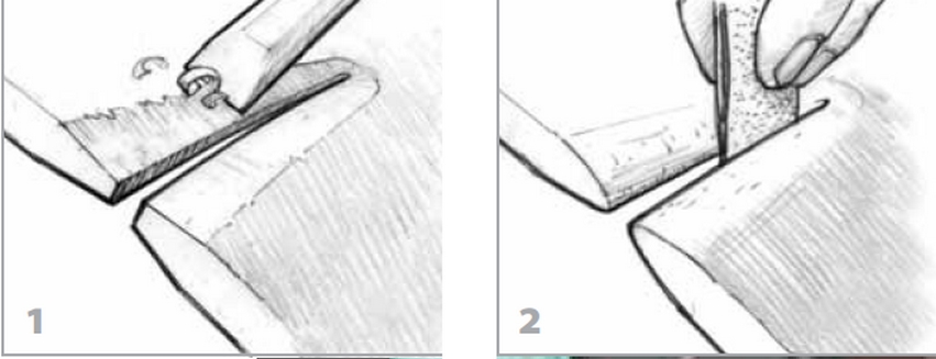 To prepare cracks for bonding: 1. Open the crack and bevel the edges. 2. Round over the hard edges.