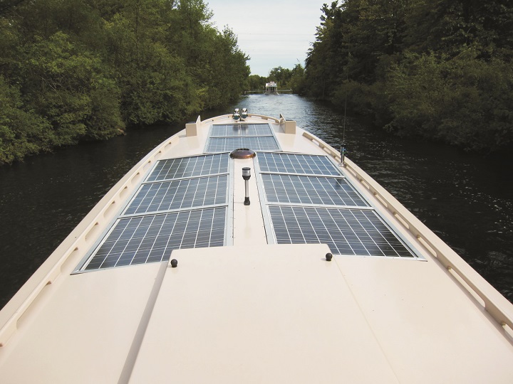 The eight Kyocera solar modules on the roof of Sparks, capable of producing 400 watts at 48 volts, are her primary source of power.