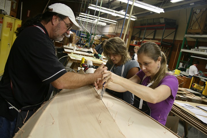 In preparation for the Mystic Family Build Weekend, Bruce Niederer, Julie Van Mullekom and Grace Ombry built a Sassafrass 16 in the Gougeon tech department shop.