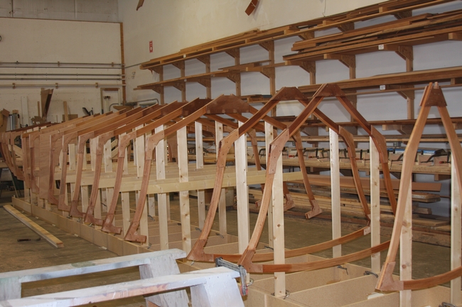 The limousine build begins by constructing a strongback and ladder frame. Steve explained that they like this method because it quickly allows for the station frames to be installed, squared, and the basic hull shape in place.