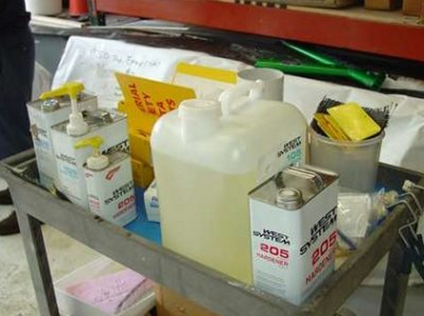 Figure 1.9 - WEST SYSTEM Epoxy products organized on a rolling cart.