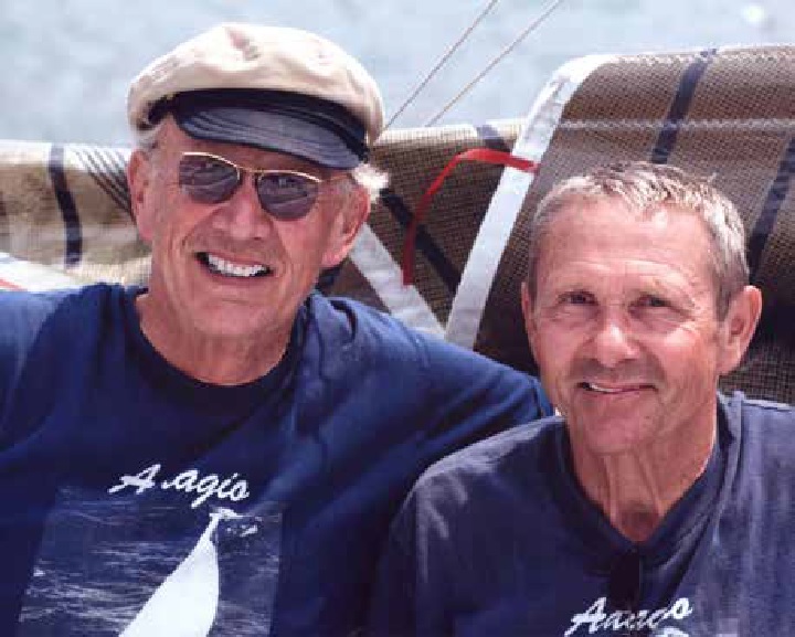 Meade and Jan on Adagio, the 35' trimaran they built in 1970.
