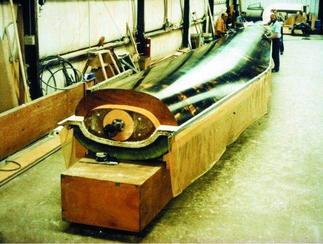 This box-beam mold strongback supports a female mold for a 70' Westinghouse wind turbine blade. (The plug that was used to build the mold is in the mold.)