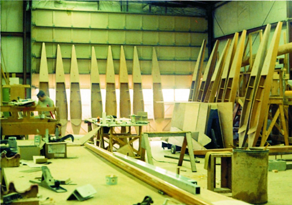 DN iceboat production was in full swing in the Martin St. boat shop in the early ‘70s, representing early epoxy technology.