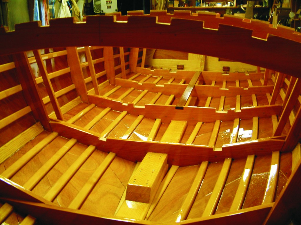 The finished hull interior before the floor and deck were installed. The bottom was covered with ¼" okoume plywood and the topsides with 1 8" okoume plywood.