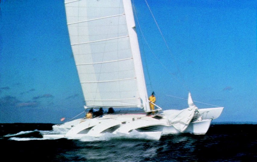 Rogue Wave, 60' trimaran. Dick Newick designer, Gougeon Brothers Inc. builder. 1977. This pioneer of speed was unable to compete in the OSTAR because of a rule change.