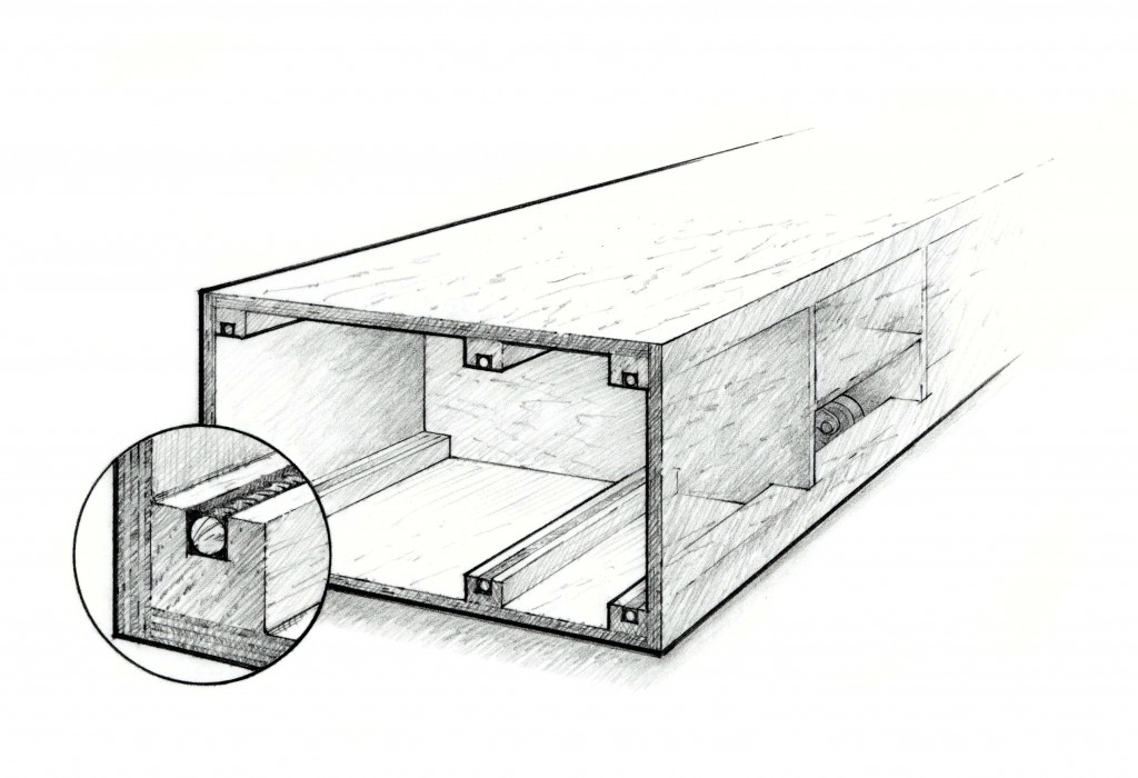 The mold strongback is stiffened by 5 8" rebar glued into 1½"×1½" longitudinal stringers, one in each corner and one along the top and bottom surfaces. Casters are mounted inside between bulkheads to lower mold's working height.