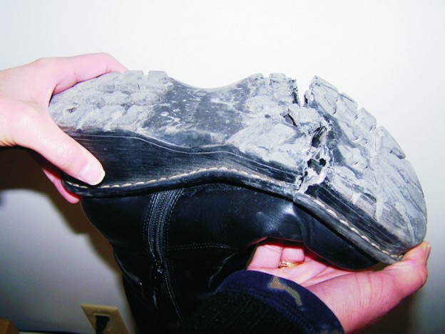 Before the G/flex shoe repair: the blown-out sole.