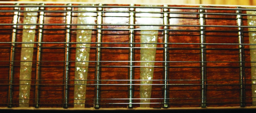 Closeup of Rickenbacker neck with strings after Curt Wilson repaired it.