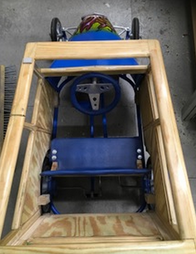 The street rod pedal car was built from 3/4" steel tubing.