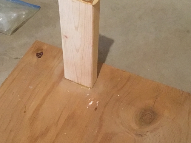 Choosing the right wood: An example of a home adhesion testing setup. The end of a 2x4 was epoxied onto the surface of a plywood panel and allowed to fully cure.