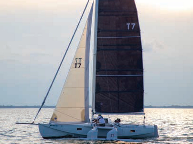 SPLINTER, the first self-righting trimaran designed by Jan after FLICKA's capsize. Photo from a race on the Saginaw Bay in 2019