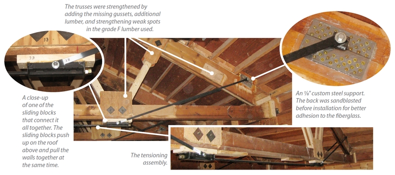 Details of how the big, beautiful barn's trusses and supports were repaired.