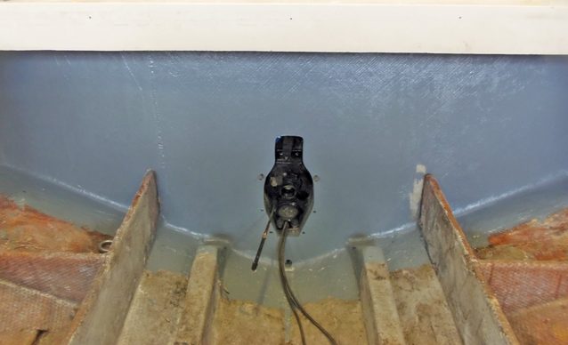 The completed transom painted with marine bilge paint.