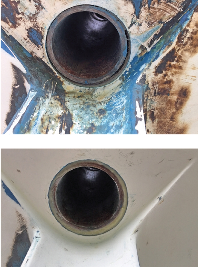 The rudder shaft before and after the repair.