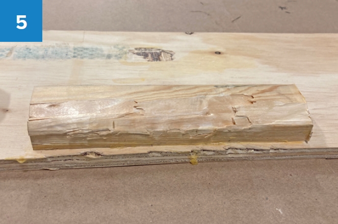 Pine still glued horizontally on plywood with yellow glue after removal attempt.