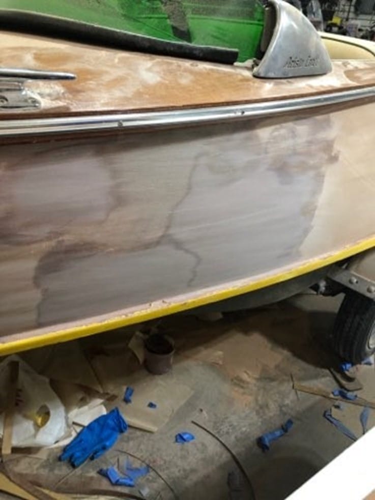 "The hull side faired and ready for the application of the new veneer." From the article, "Veneering a Wooden Aristo Craft" by Don Gutzmer, featured in Epoxyworks 61.