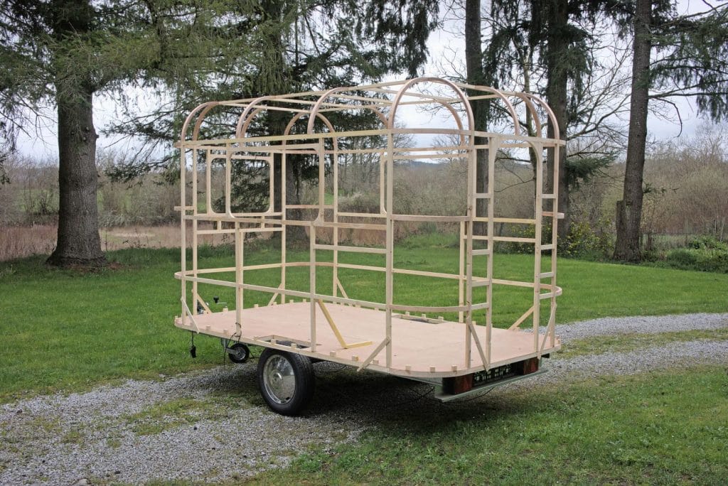 "The framework on the trailer before the fitting of any of the panels." From the article, "The Woodenwidget Plystream Camper" by Robin 'Benjy' Benjamin, featured in Epoxyworks 61.
