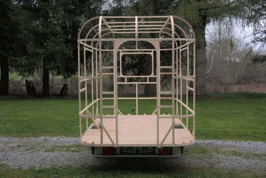 "The framework on the trailer before the fitting of any of the panels." From the article, "The Woodenwidget Plystream Camper" by Robin 'Benjy' Benjamin, featured in Epoxyworks 61.