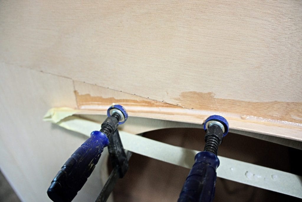 "The fillet on the curved rain deflector above the door." From the article, "The Woodenwidget Plystream Camper" by Robin 'Benjy' Benjamin, featured in Epoxyworks 61.